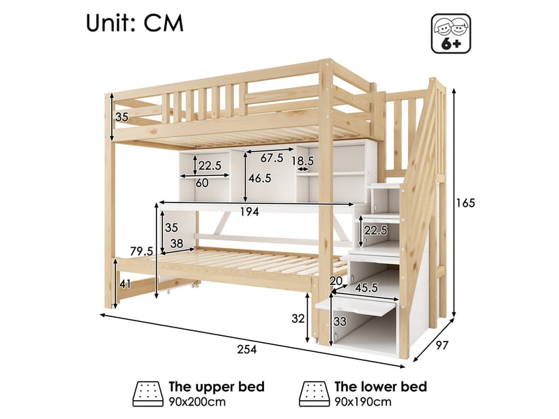 Lit superposé enfant 90x200 cm avec lit gigogne 90x190 cm, bureau intégré, escalier avec rangements et étagères, structure en bois - blanc et chêne - Conforama C