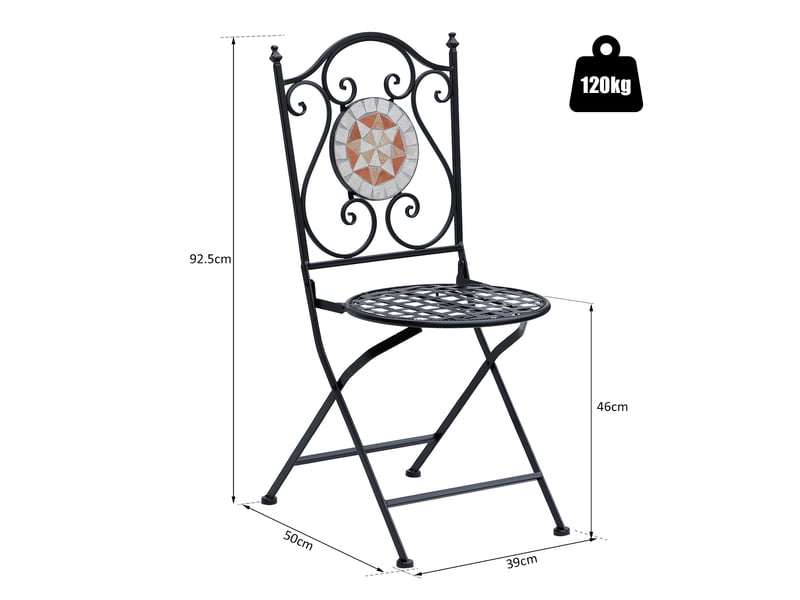Lot de 2 chaises de jardin pliantes style bistro, assise mosaïque, métal, charge maximale 120 kg, 50 x 40 x 94,5 cm, noir - Conforama D