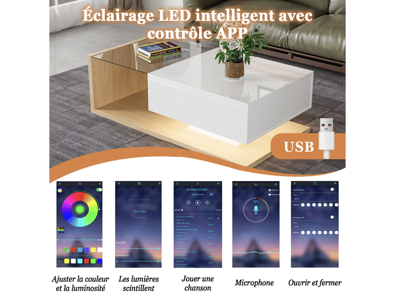  Table basse avec niche, verre et éclairage led pour salon 105×55×32,5 cm blanc et bois naturel  - Conforama C