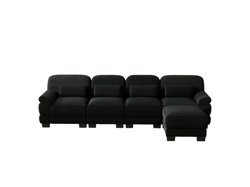  Canapé modulable l 4 places en velours côtelé noir avec ottomane et assise profonde  - Conforama A