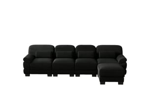 Canapé modulable l 4 places en velours côtelé noir avec ottomane et assise profonde