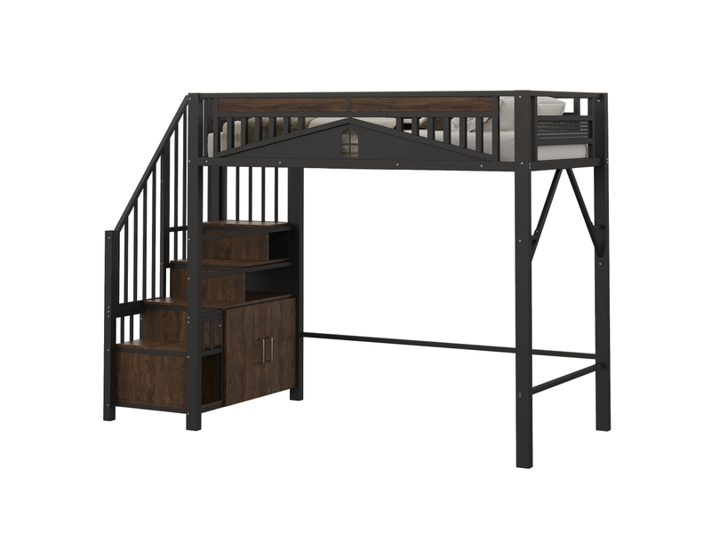  Lit mezzanine enfant 90x200 cm – noir – escalier avec rangements et fenêtre de sécurité - sans matelas  - Conforama A