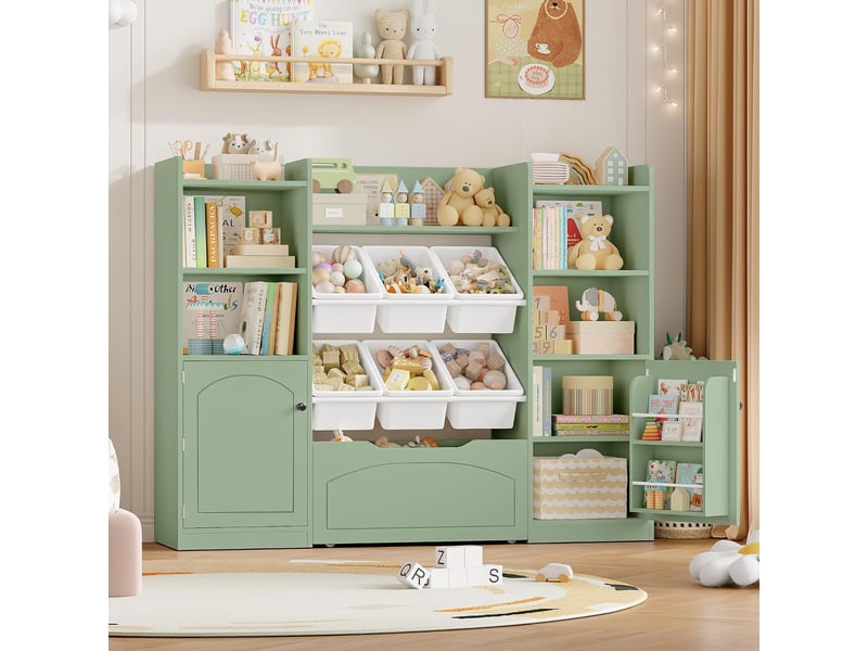  Meuble rangement enfant bibliothèque enfant avec 15 étagères 6 boîtes amovibles 1 tiroirs roulants 2 portes rangement jouet 140x33x108.2cm vert  - Conforama B