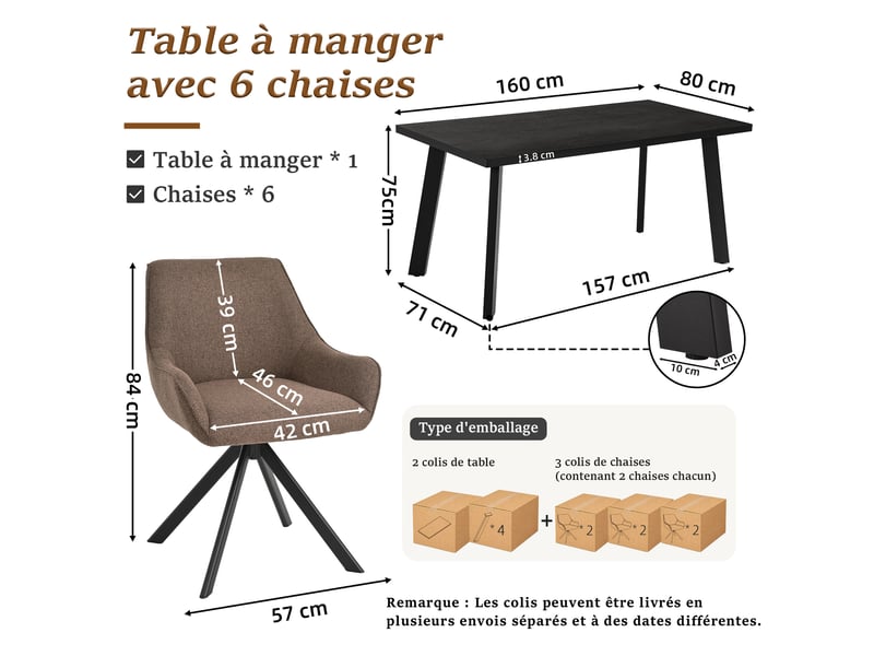  Ensemble table et 6 chaises - table rectangulaire 160x80 cm monobloc en chêne noir et pieds métal, 6 chaises en tissu marron moka et pieds métal  - Conforama C