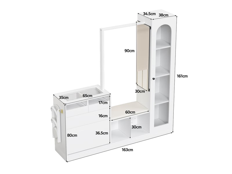  Meubles d'entrée avec miroir pivotant, vitrine, banc à chaussures à abattant et led pour couloir, 163×50×161 cm, blanc  - Conforama D