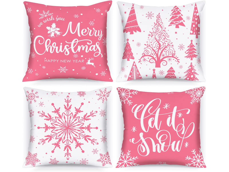  Lot de 4 housses de coussin de noël 45 x 45 cm, motif flocons de neige d'hiver, décoration de noël rose  - Conforama A
