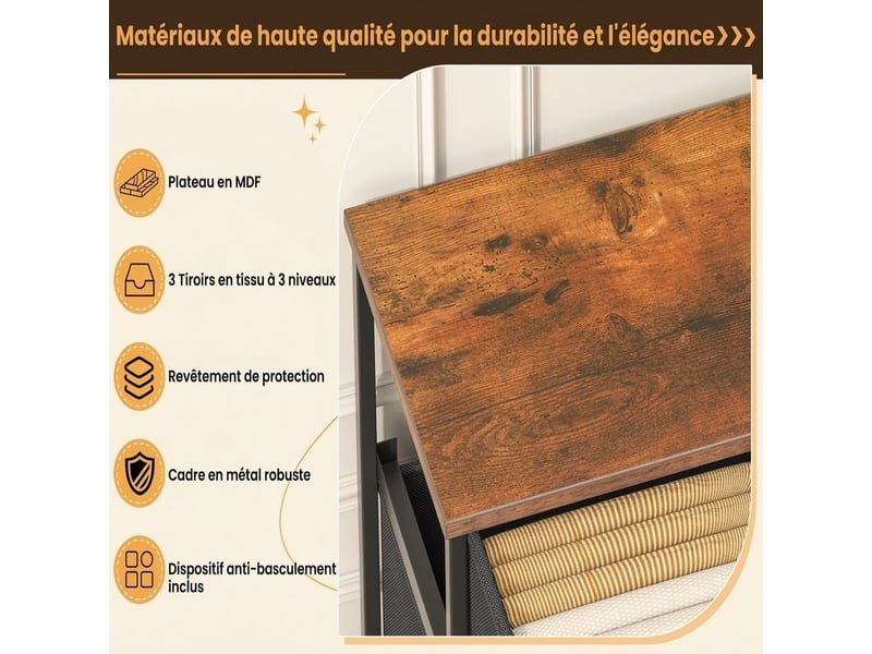  Chiffonnier neuf tiroirs tissu meuble de rangement 76 cm marron vintage industriel  - Conforama C