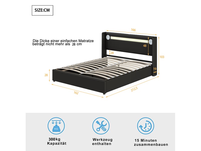  Lit coffre 160x200 cm noir avec led, bluetooth, usb et sommier à lattes  - Conforama C