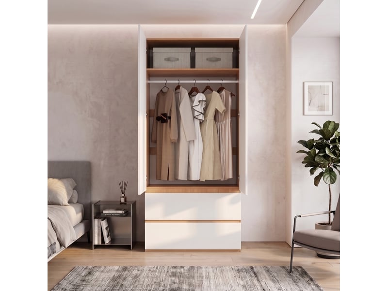  Armoire 2 portes modenvie avec penderie, 2 tiroirs et rangement haut 90 x 50 x 200 cm blanc décor chêne  - Conforama D