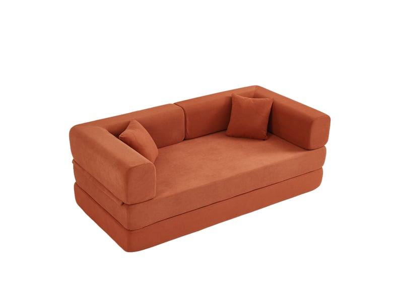 Canapé convertible 3 places en velours côtelé orange, accoudoirs repositionnables - Conforama A