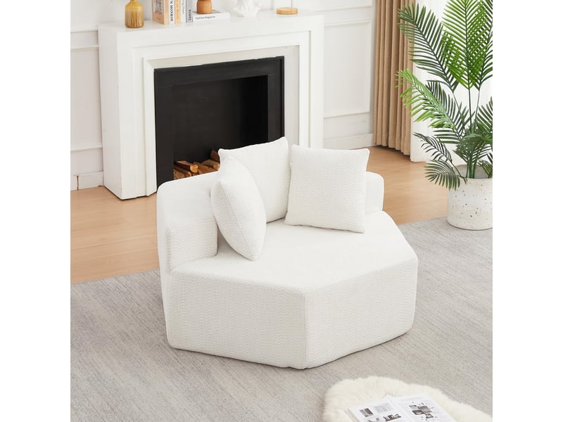  Fauteuil simple - 122x138x76cm - modulable en chenille bouclée avec 3 coussins &amp; ressorts ensachés - blanc  - Conforama C