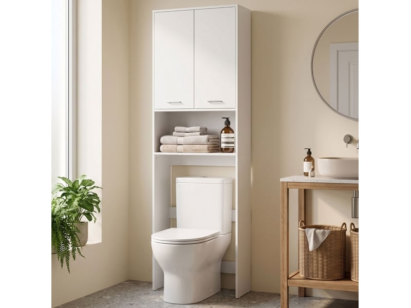  Armoire de salle de bain sur lave-linge avec 2 portes, niche ouverte et rangement en bois blanc, 66 × 24 × 191 cm  - Conforama D