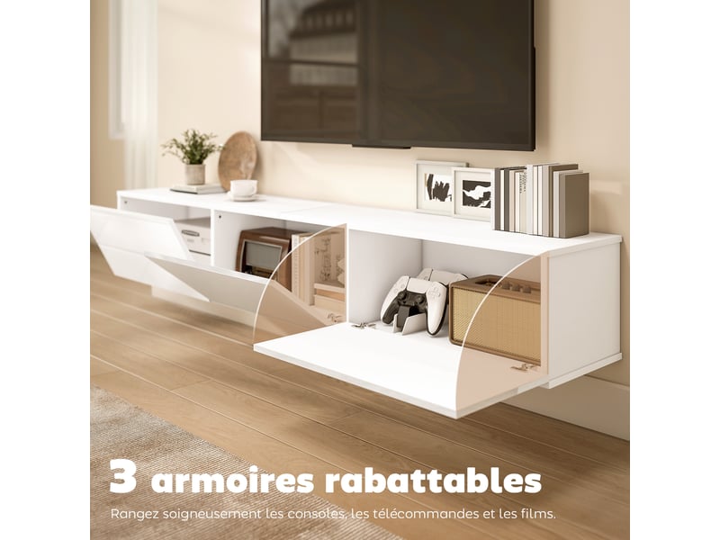  Meuble tv suspendu 180 cm, blanc, meuble télé pour téléviseur jusqu'à 82 pouces 3 portes rabattables à fermeture douce  - Conforama E