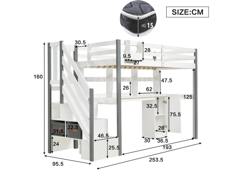 Lit mezzanine 90x200 cm, lit mi-hauteur avec échelle, étagère, bureau et casiers, en bois, blanc, sans matelas - Conforama D