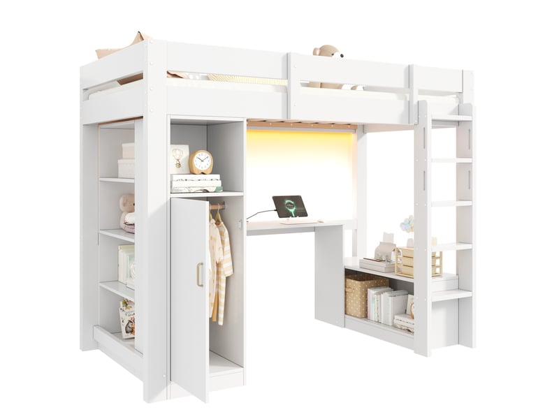  Lit mezzanine modenvie 90 x 200 cm avec armoire, bureau, étagères, led, usb et rangements blanc  - Conforama A