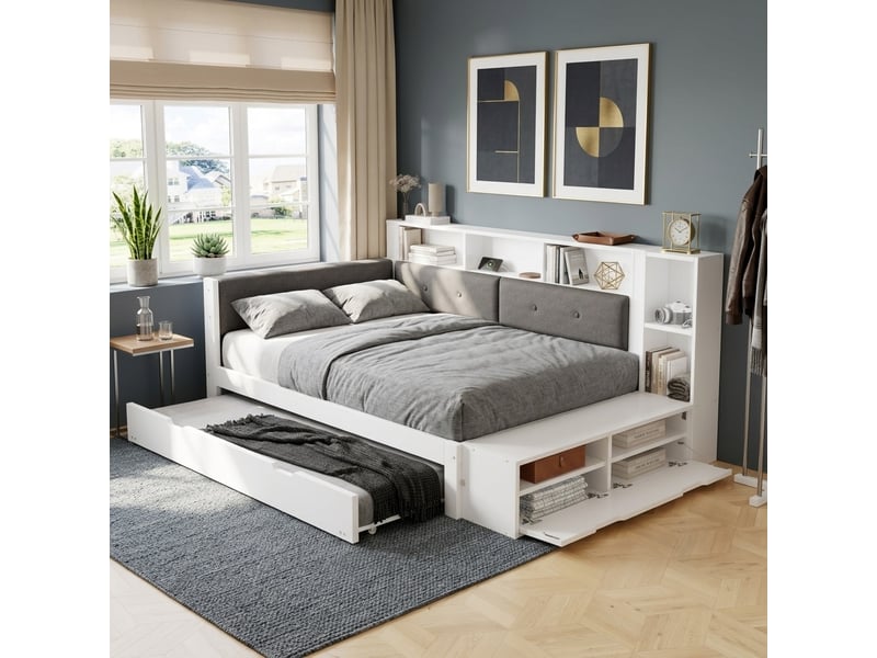 Lit gigogne 120 × 200 cm et 90 × 190 cm 2 places avec étagères, rangement et recharge, sans matelas, blanc et gris - Conforama C