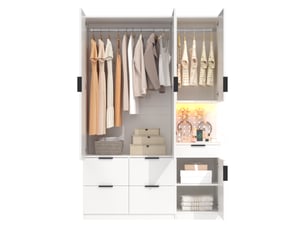Armoire de chambre blanche 135x50x200 cm avec éclairage led, prise intégrée, 4 portes et 5 tiroirs en mdf