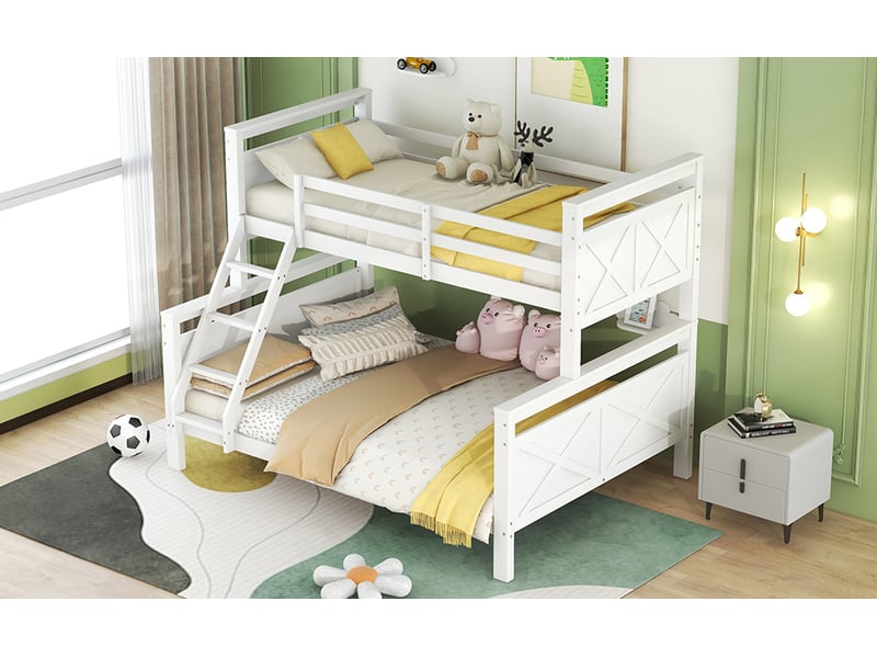  Lit enfant 90 (140)x200 cm avec échelle et barrières, lit superposé convertible en deux lits indépendants, lit simple, blanc  - Conforama R