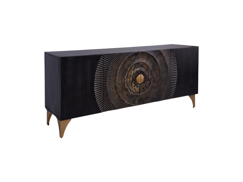  Buffet solaris 177 cm noir et doré en bois massif de manguier – 4 portes sculptées motif solaire  - Conforama A