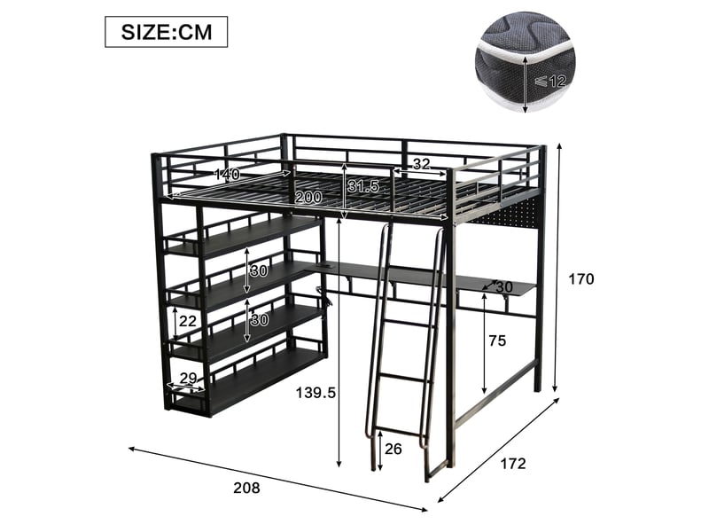  Lit mezzanine noir 140x200 cm avec rangements, bureau et prise de charge  - Conforama C