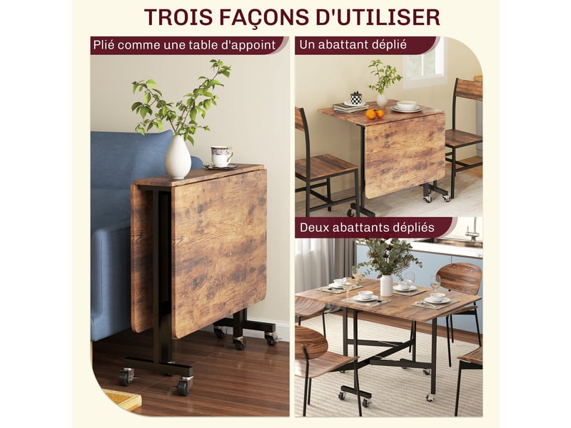  Table pliante cuisine table à manger pliable avec 2 abattants 6 roues pour 4-6 personnes 120 x 80 x 73 cm, rustique brun  - Conforama A