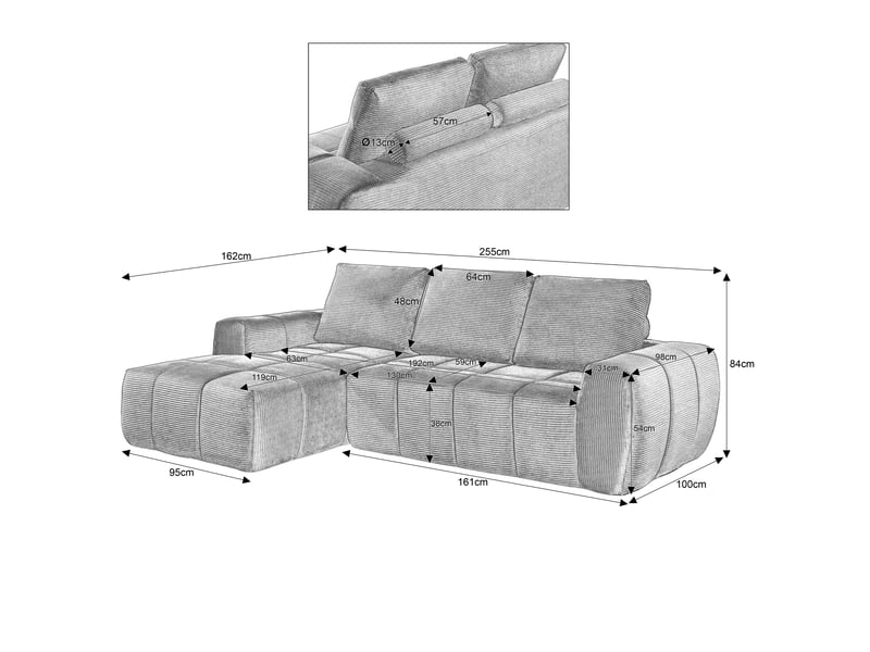 Canapé d'angle en velours côtelé avec coussins amovibles 4 places beige sans montage - Conforama C