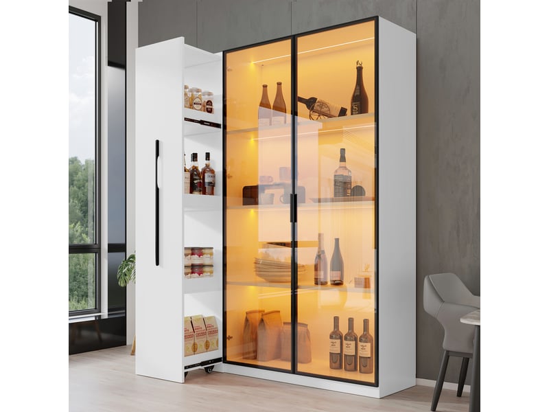  Vitrine led en verre ambré, armoire multifonction 160 cm avec tiroir de rangement latéral caché, meuble haut de style français  - Conforama C