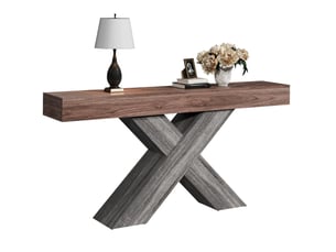 Console 140x30x80 cm effet bois coloris noyer avec supports en x