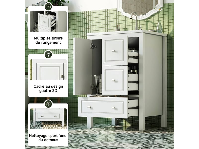Meuble salle de bain sur pied 62 cm avec vasque céramique blanc 3 tiroirs 1 porte - Conforama B