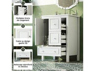 Meuble salle de bain sur pied 62 cm avec vasque céramique blanc 3 tiroirs 1 porte