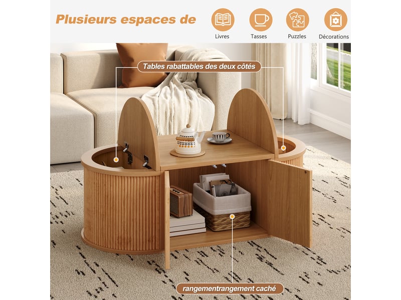  Table basse ovale en bois clair, espace de rangement caché avec 4 portes, ouverture magnétique, 100x50x35 cm  - Conforama R