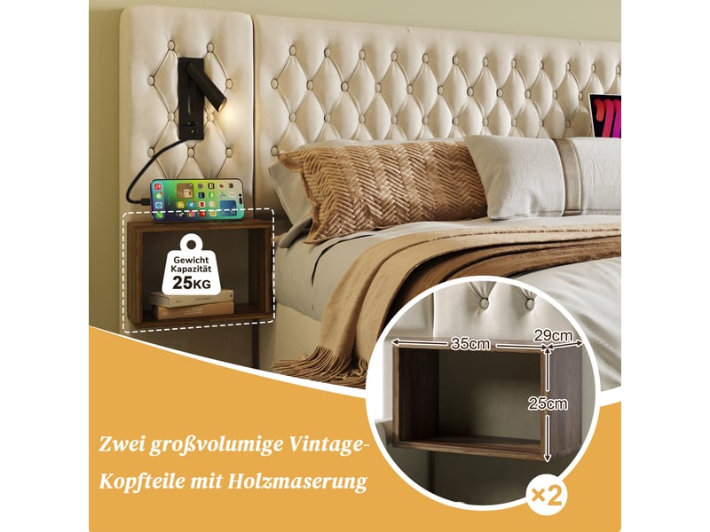  Lit double, lit 2 personnes 160x200 cm, 4 tiroirs, chevets intégrés, usb, lampe de lecture, velours beige, matelas inclus  - Conforama D