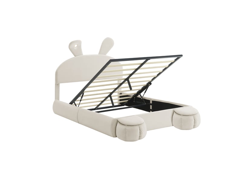  Lit capitonné, lit double, lit hydraulique, oreilles de lapin avec bandes lumineuses à luminosité réglable et couleur chaude, espace de rangement sous le lit, deux tabourets de rangement, velours, beige, 140 x 200 cm  - Conforama D