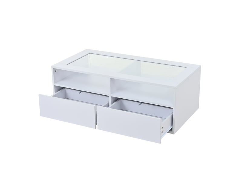  Table basse blanche avec led, table de salon en verre trempé avec 2 tiroirs et rangement ouvert, design moderne double couche, 100x50x35 cm  - Conforama A