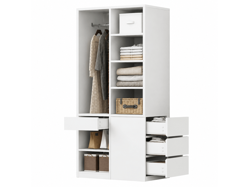  Armoire blanche multifonction avec penderie - étagères ouvertes - tiroirs de rangement - grand espace de stockage 70 x 50 x 170 cm  - Conforama A