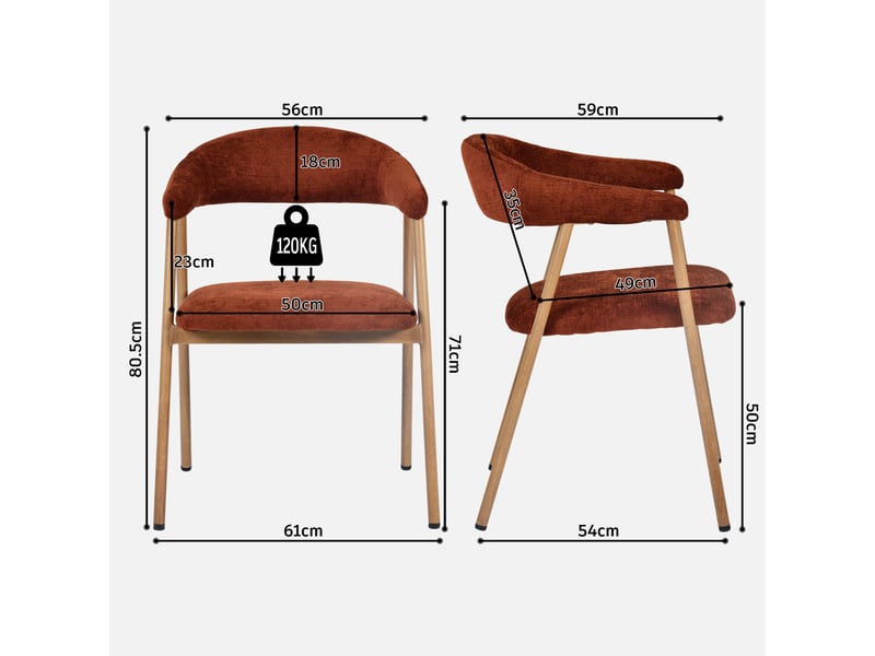 Chaises de salle à manger lot de 4 rembourrée en chenille, pieds en métal effet bois, rouge - Conforama D