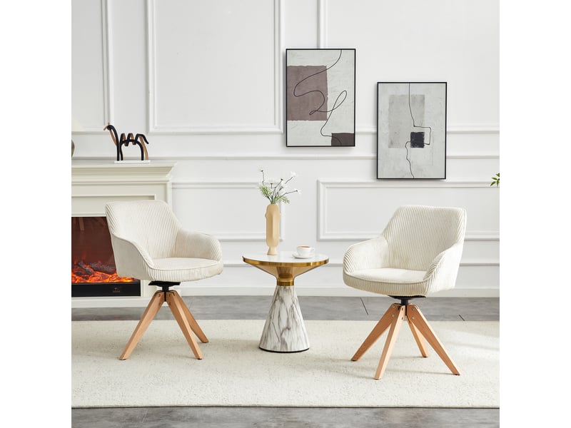  Chaise de salle à manger lot de 2 pivotante avec accoudoirs, assise en velours crème, pieds en bois massif, hauteur 84 cm  - Conforama C