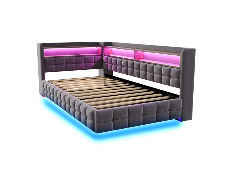 Lit banquette coffre 90 x 200 cm, coffre à relevage hydraulique, étagères de rangement, éclairage led, ports usb, pour la chambre, velours, gris ABC - Conforama A