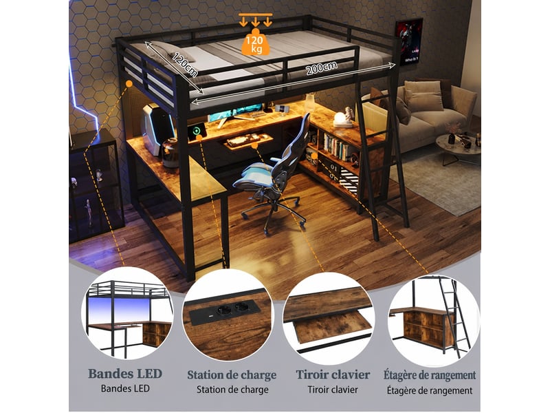 Lit mezzanine 120 x 200 cm avec éclairage led, pour adultes et adolescents, avec bureau, tablette clavier, rangements, prises noir  - Conforama D