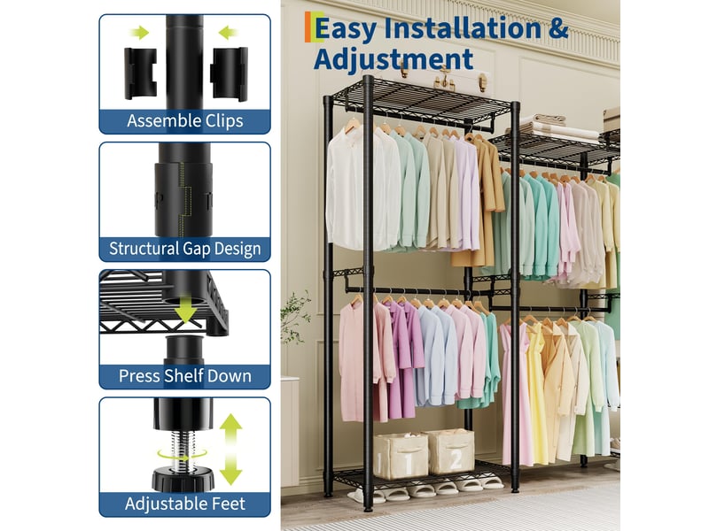  Portant à vêtements robuste – 4 tringles &amp; 6 étagères réglables – grand capacité angle pour chambre ou dressing  – (3x1x2 étages) PHK_36PBVKHJ - Conforama C