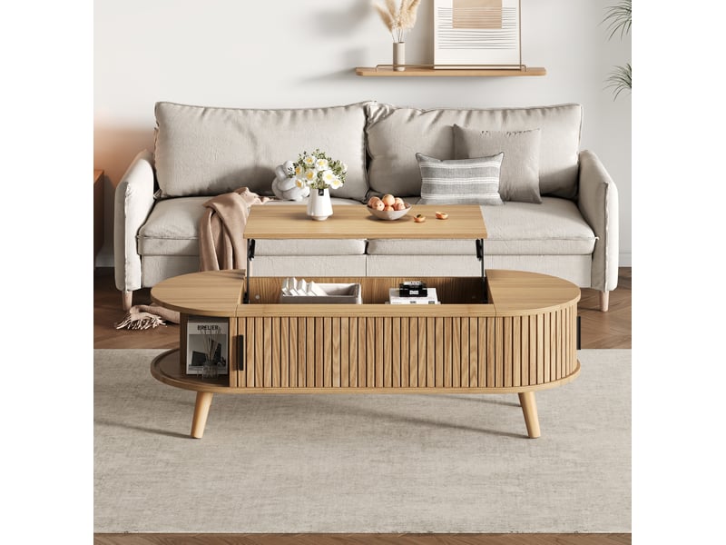  Table basse 120x50x39,5 cm, plateau escamotable, rangement salon, meuble fonctionnel, pour intérieur, en mdf, naturel  - Conforama B