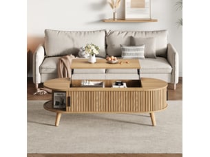 Table basse 120x50x39,5 cm, plateau escamotable, rangement salon, meuble fonctionnel, pour intérieur, en mdf, naturel