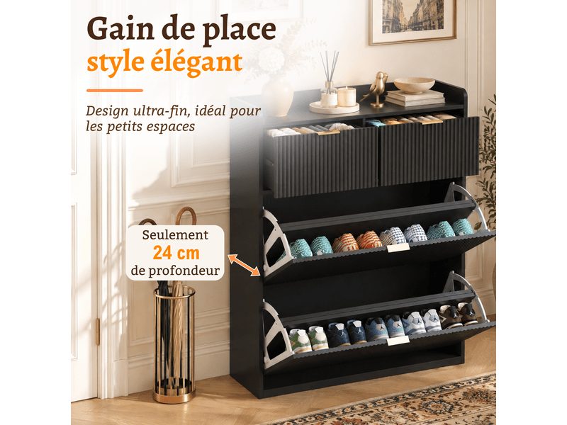  Meuble à chaussures à abattants à panneaux cannelés texturés, 80 × 24 × 110 cm, meuble d'entrée fin noir pour 16 paires de chaussures, poignées dorées, avec 2 petits tiroirs supérieurs, nior  - Conforama D