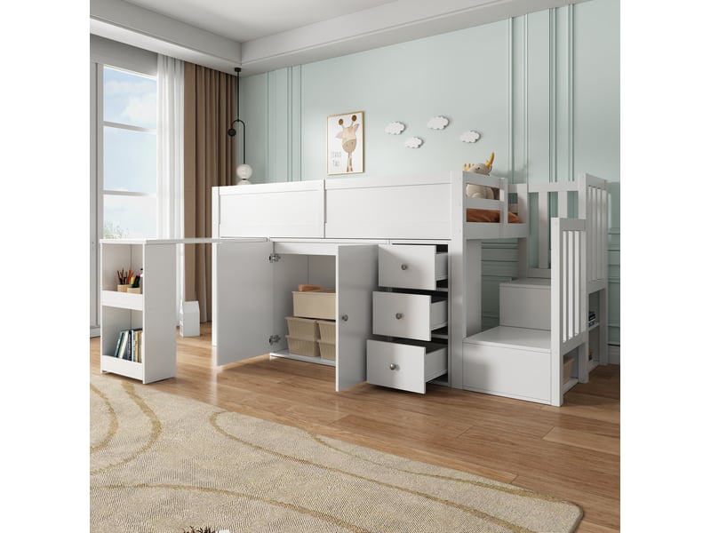  Lit mezzanine enfant multifonctionnel blanc en mdf 90 x 200 cm avec bureau et rangements  - Conforama D