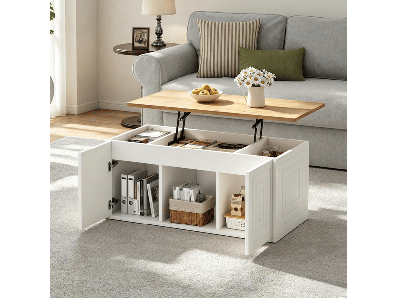  Table basse relevable 95x46x45 cm avec rangement, blanc et effet bois naturel  - Conforama B