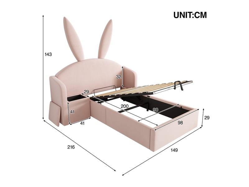  Lit simple 90x200 cm, lit enfant, coffre de rangement, table de chevet, motif lapin, velours rose  - Conforama B