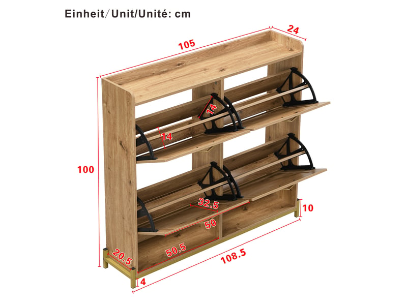  Meuble à chaussures 108,5x24x100 cm, 4 portes effet rotin, cadre métal et plateau supérieur, rangement pour entrée et couloir - bois  - Conforama C