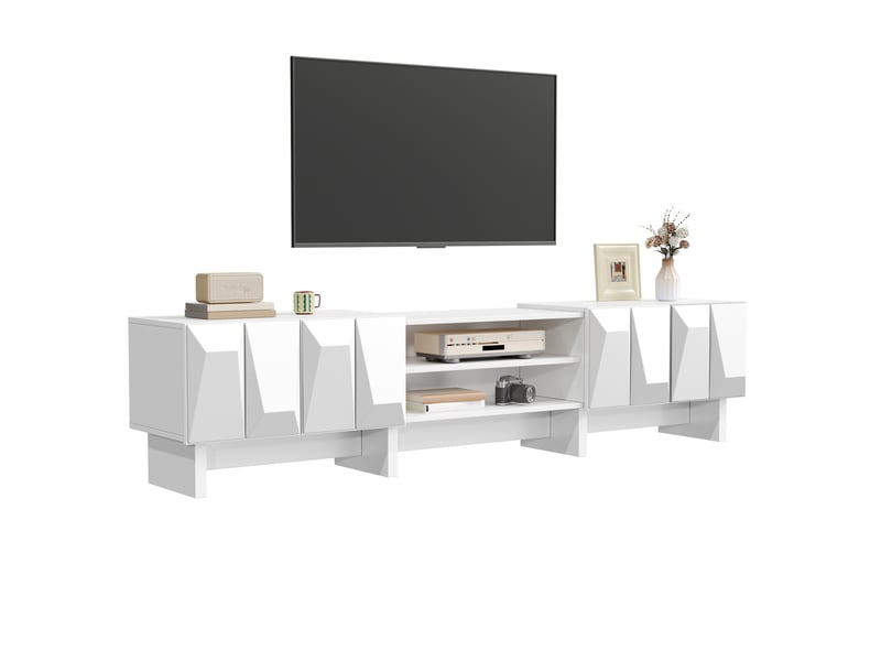  Meuble tv 180x34x44,5 cm – blanc – rangement fermé, niches ouvertes, passe-câbles, style moderne  - Conforama A