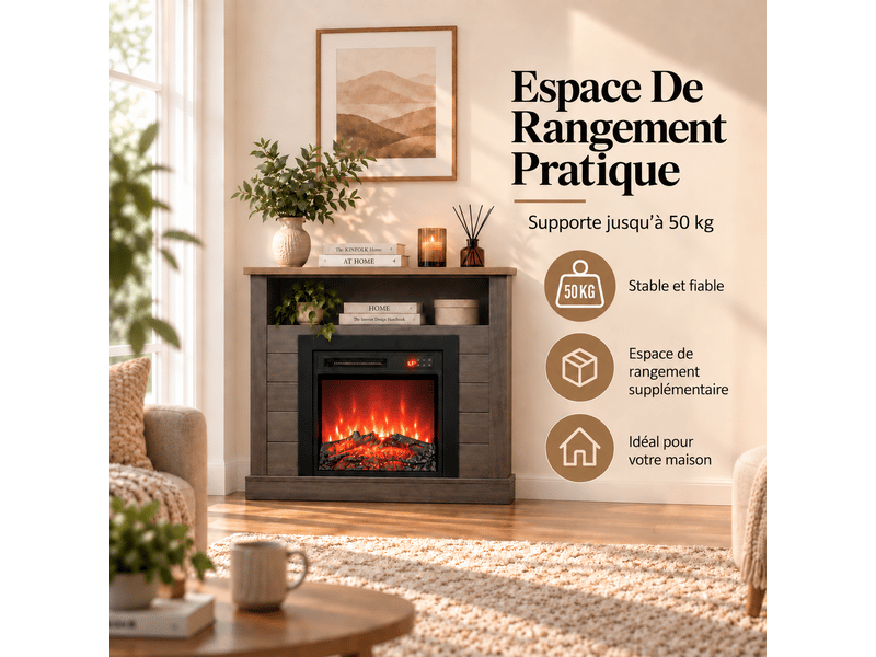  Homavo cheminée électrique 18 pouces grise avec meuble cheminée, 900 w1800 w avec 2 niveaux de chauffe, flammes 3d à 7 couleurs, télécommande + commandes sur panneau, minuterie 1–8 h, avec espace de rangement  - Conforama W