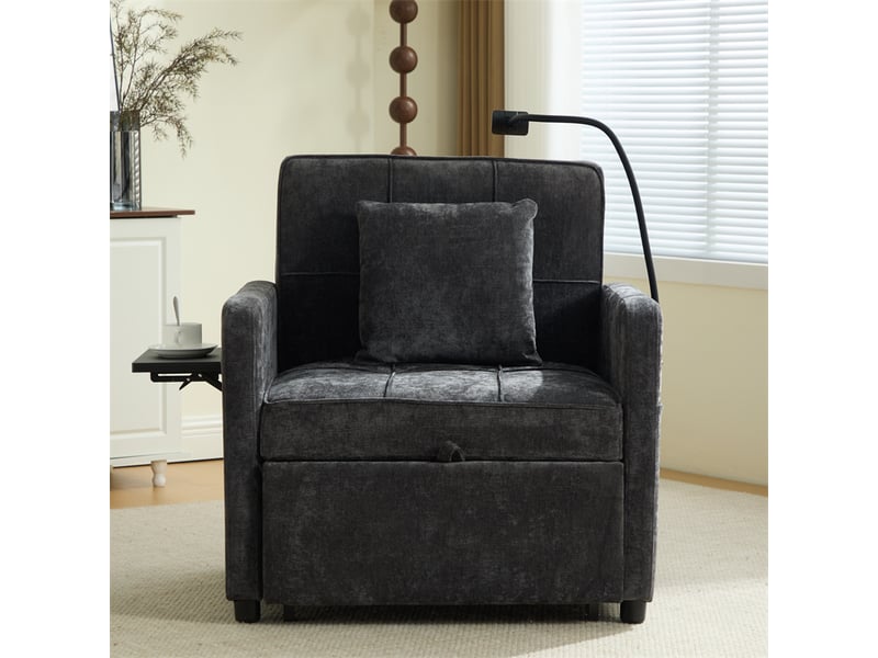  Fauteuil-lit 2-en-1 gris en chenille avec coussin, tablette et rangements  - Conforama B